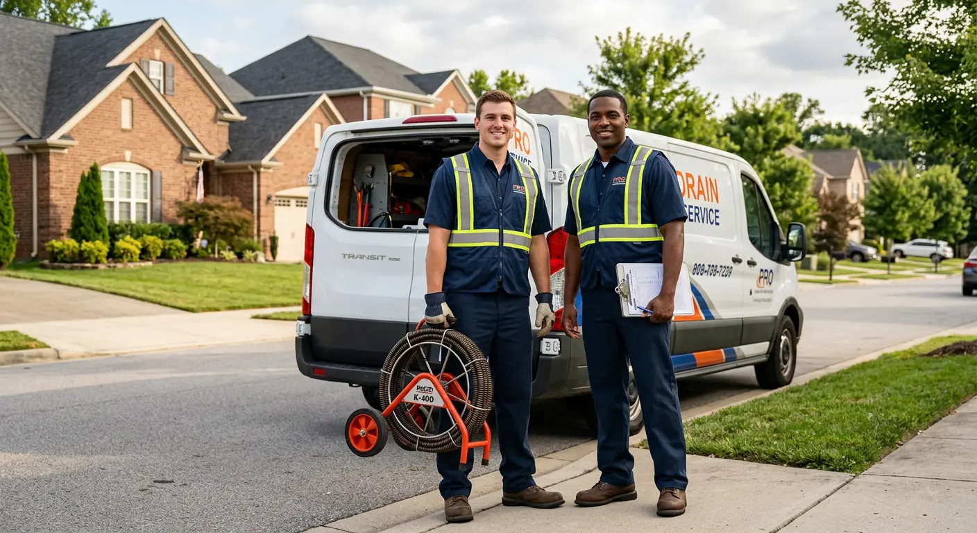 Sewer and drain service team with equipment ready for work in Moody
