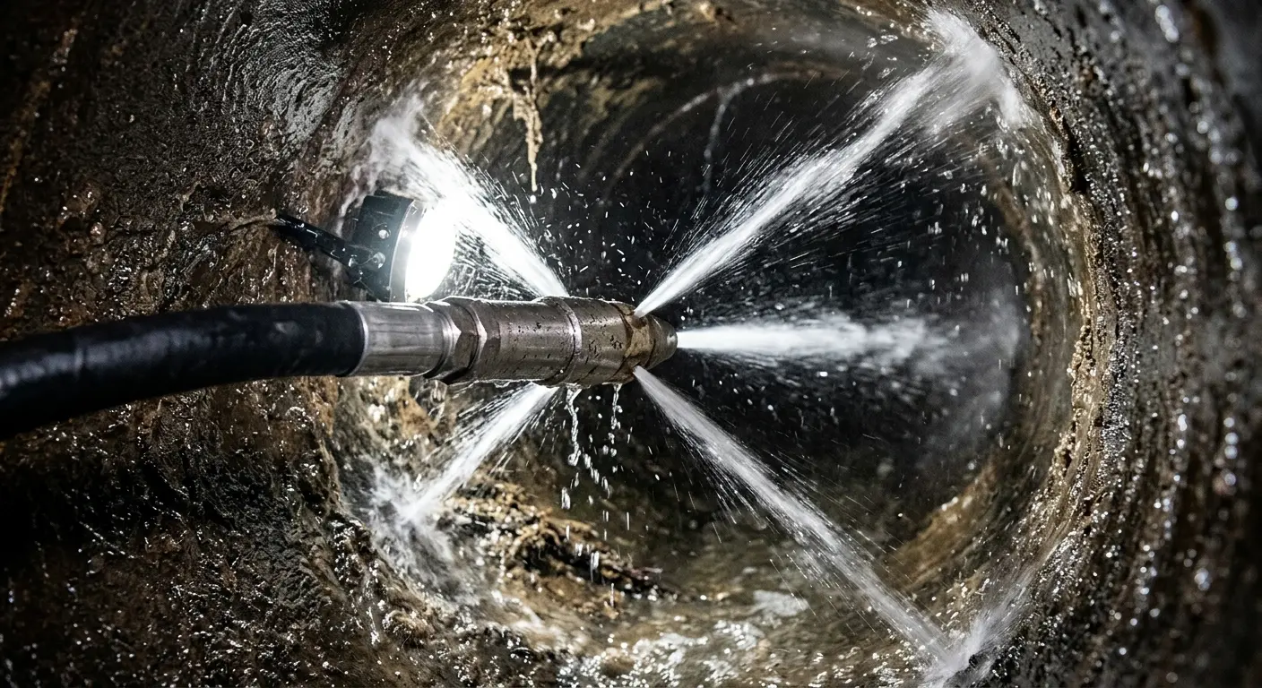 High-pressure hydro jetting nozzle cleaning sewer pipe for Emergency Drain Service in Moody