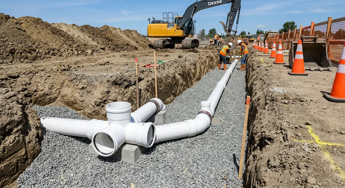 New PVC sewer pipe installation in open trench for Sewer Backup in Moody