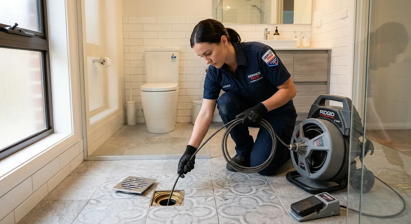 Technician clearing a bathroom floor drain for Clogged Drain Repair in Moody